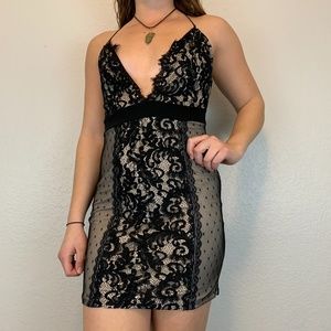 Mind Code Black and cream lace surplice mini dress